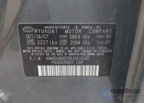 2008 Hyundai Elantra Gls/Se from USA, damaged, VIN KMHDU46D58U343300